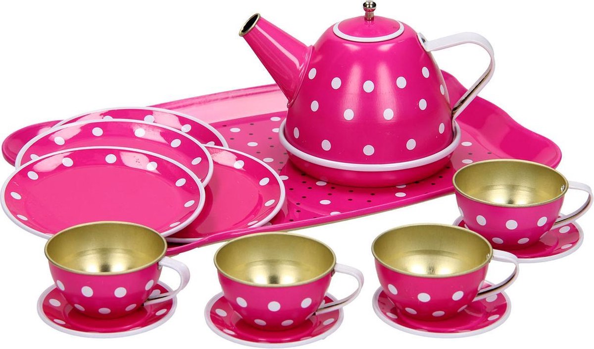 Tinnen speelgoed servies Roze (14dlg)