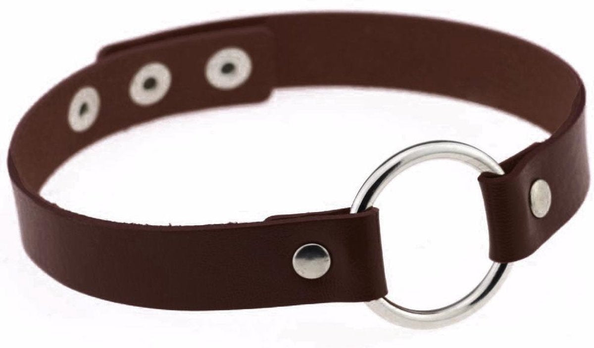 KIMU choker donkerbruin ring - PU leer collar ketting halsband sexy