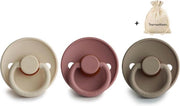 FRIGG | Fopspeen set 3 stuks | T1 | 0-6 maanden | Classic | Silicone | Sandstone + Woodchuck + Portobello | Met YOURMUSTHAVES speenzakje