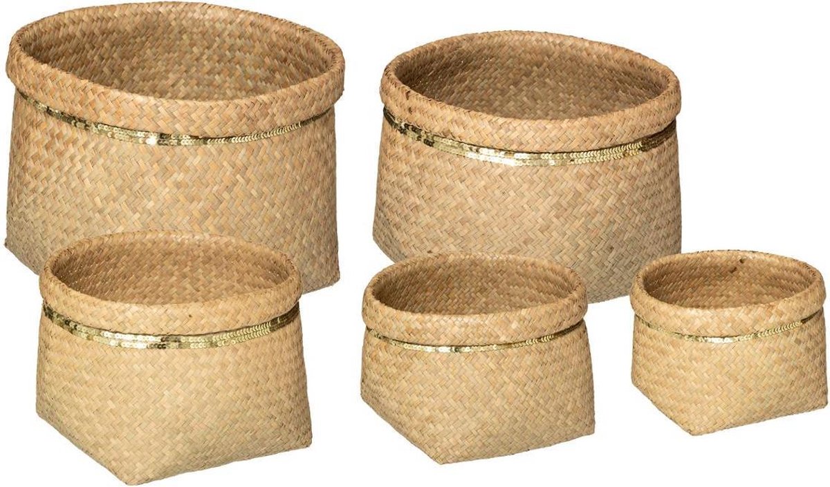 Atmosphera Rieten mandenset - bloempot - Naturel en goud  - Set van 5 - Opberger - Zeegras