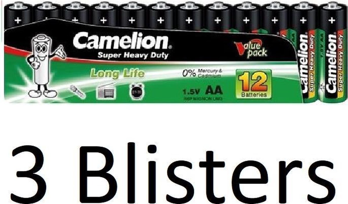 36 stuks (3 Blisters a 12 st) Camelion Green Zinc AA Batterijen