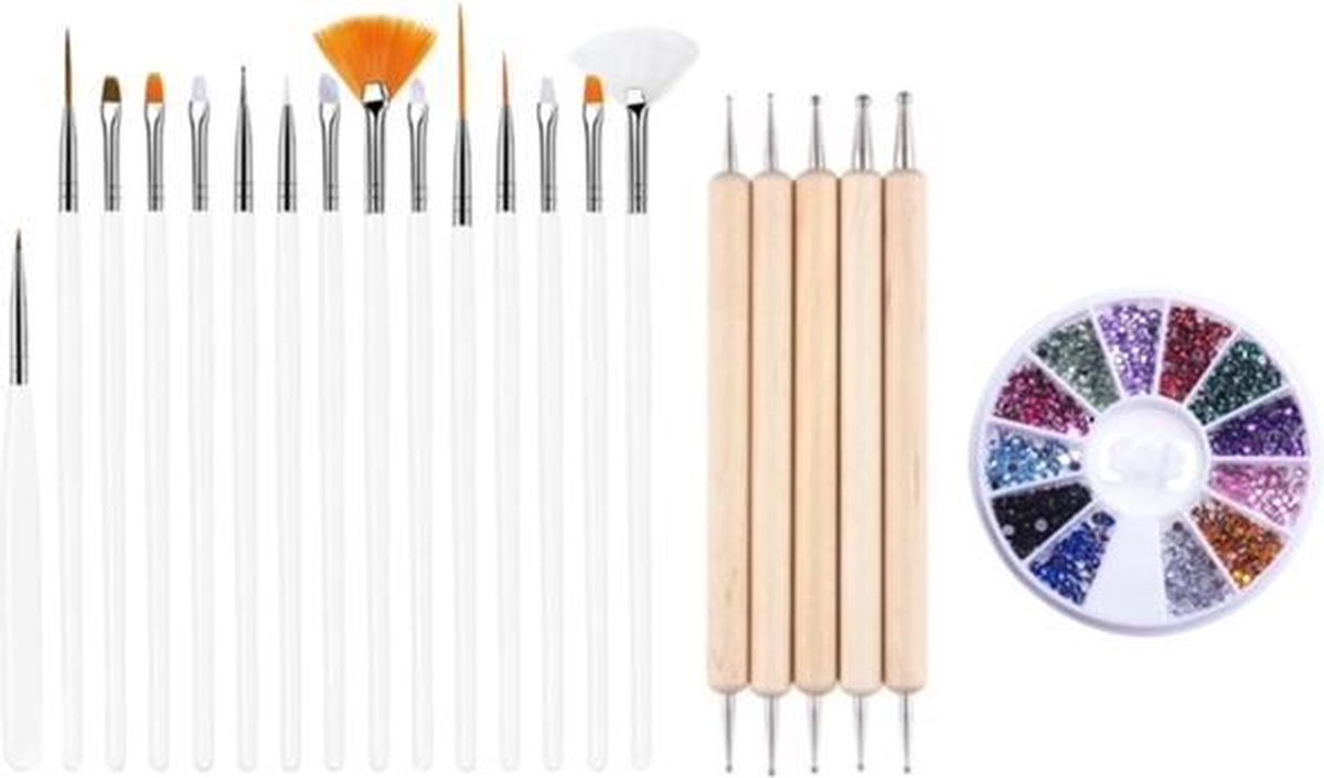 GUAPÀ - Nagel Penselen Set Wit + Rhinestones Diverse Kleuren + Druppel & Dotting Pennen - Nail Art