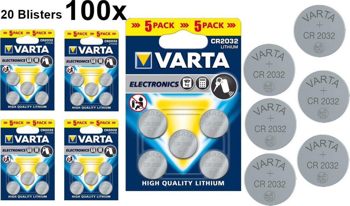 Varta CR2032 3v lithium knoopcel batterij - 100 Stuks (20 Blisters a 5st) -