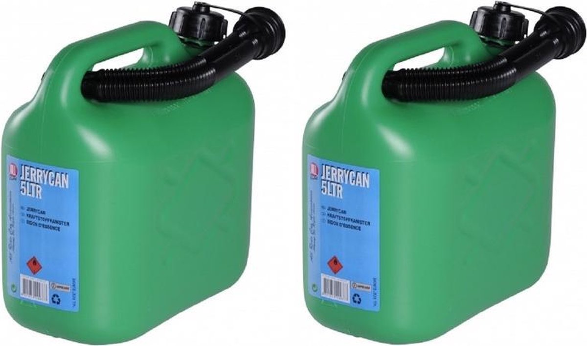 Set van 2x stuks Jerrycans voor brandstof van 5 liter groen p/st - incl. schenktuit - voor o.a. benzine en diesel