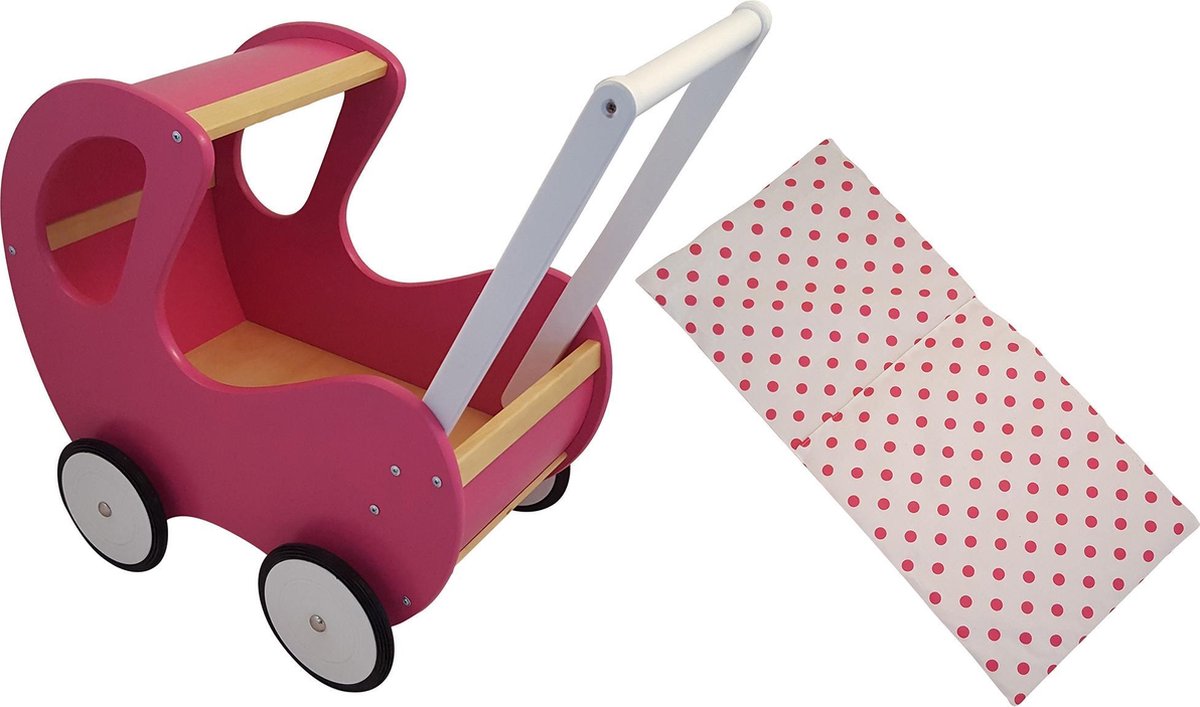 Playwood - Houten Poppenwagen fuchsia klassiek met kap - inclusief dekje wit met roze stippen
