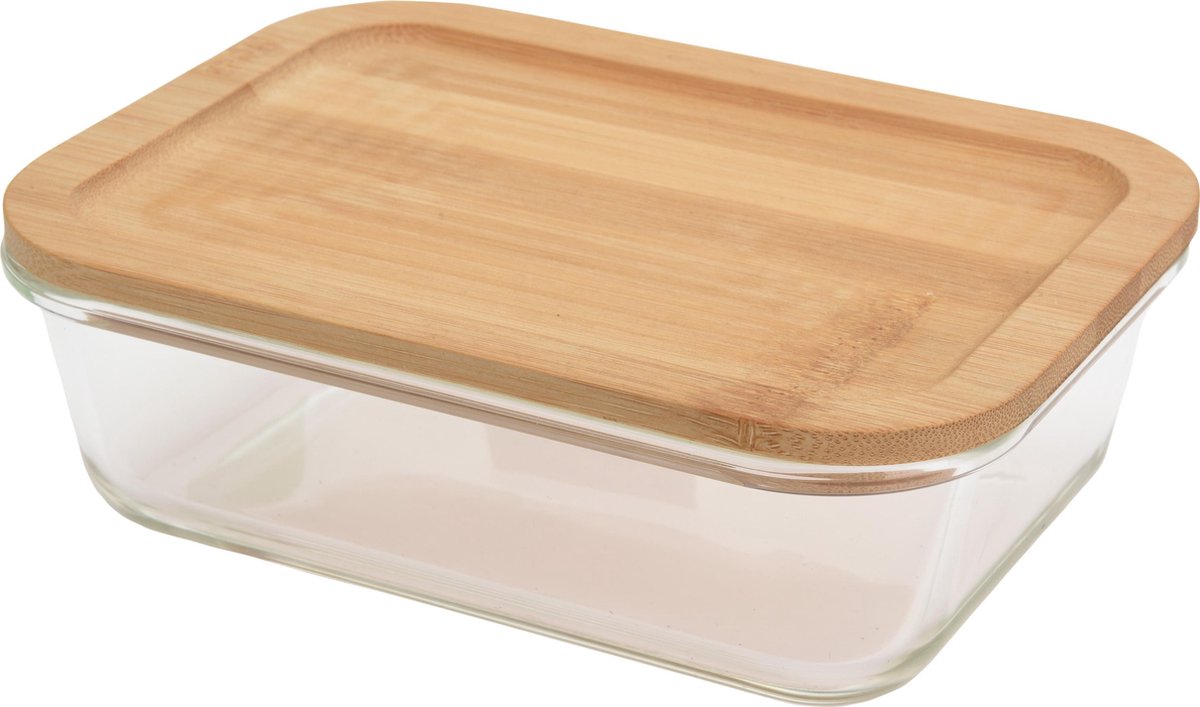 Ovenschaal / opbergdoos / vershouddoos gemaakt van borosilicaatglas met bamboe deksel 1040ml - vaatwasserbestendig - diepvries - magnetron
