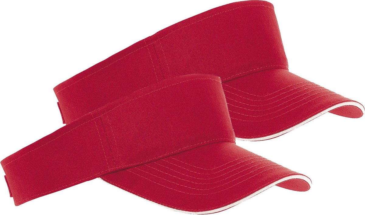 2x Rode/witte zonnekleppen petjes voor volwassenen - Katoenen rode/witte zonnekleppen met klittenbandsluiting - Dames/heren