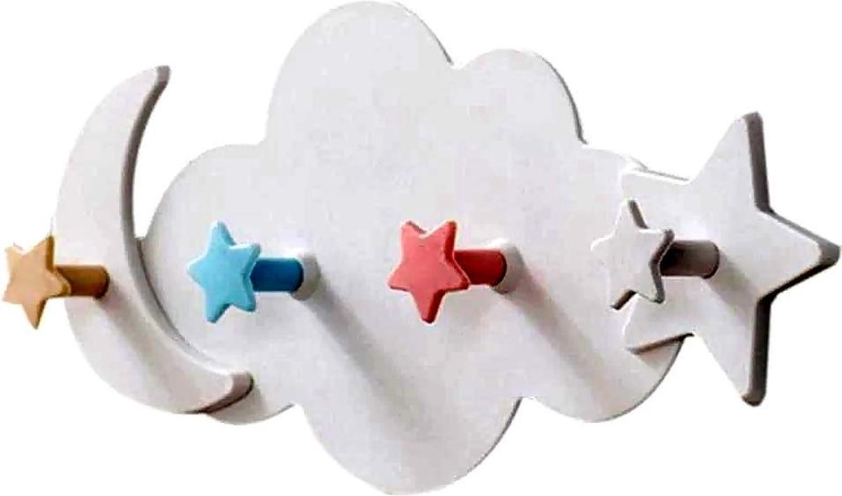 BaykaDecor - Unieke Kinder Kapstok - Wanddecoratie - 4 Haken  - Wolk Maan Ster Kapstok - Zelfklevend - Kinderkamer - Wit - 30 cm