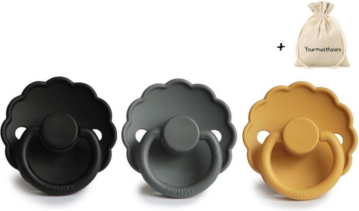 FRIGG | Fopspeen set 3 stuks | T1 | 0-6 maanden | Daisy | Natuurrubber | Jet Black + Graphite + Honey Gold | Met YOURMUSTHAVES speenzakje