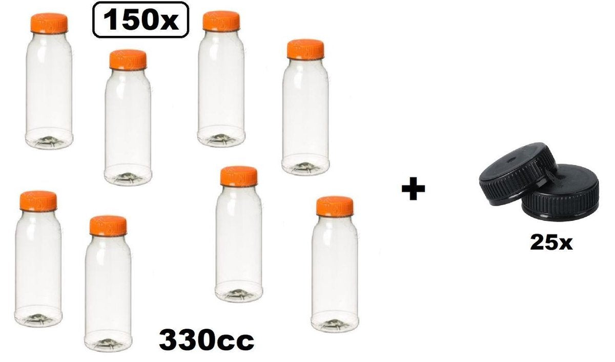 150x Flesje PET helder 330cc met oranje dop + 25 zwarte doppen - drink fles vruchten sap limonade drank