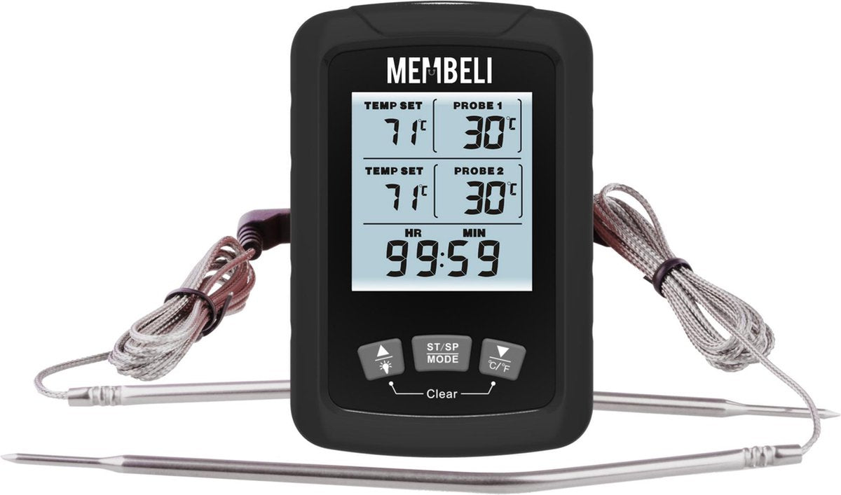 Membeli® Vleesthermometer Dubbele Sonde - BBQ thermometer Oranje met Timer - Kernthermometer - Suikerthermometer - Kookthermometer