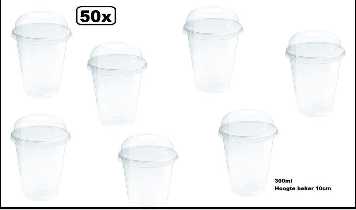 50x Saladebeker 300cc met dome deksel hoogte 10cm -  gezond thema feest festival thuis sport