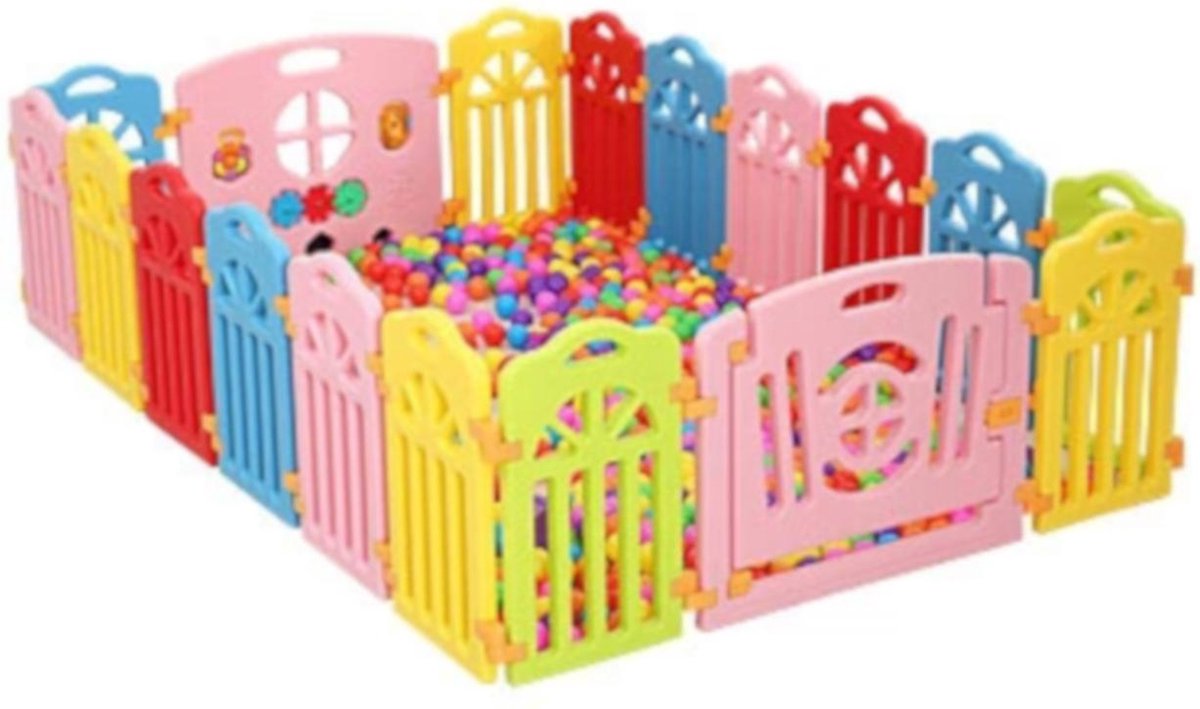 Speelbox - Babybox-Boxen-Kinderbox - Speelpen - Ballenbak - Grondbox - Kruipbox - voor Peuter en kind - Afscherming - met zuignappen - 185 x 185 cm - 16 hekjes - 1 poort met slot - 1 speelmuur