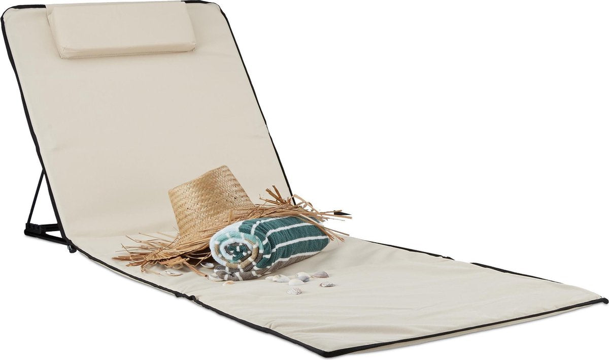 relaxdays strandmat xxl met kussen - gepolsterde strandstoel - opvouwbaar - draagtas beige