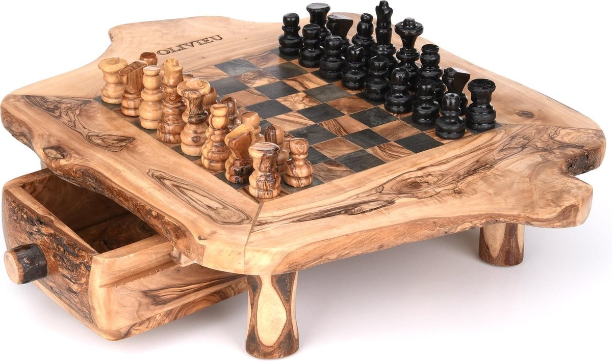 OLIVIEU ~ Intelligente ~ Handgemaakt Schaakspel Hout met Lade ~ 33 cm ~ Olijfhouten Schaakbord met Schaakstukken ~ Schaakset ~ Cadeau
