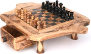 OLIVIEU ~ Intelligente ~ Handgemaakt Schaakspel Hout met Lade ~ 33 cm ~ Olijfhouten Schaakbord met Schaakstukken ~ Schaakset ~ Cadeau