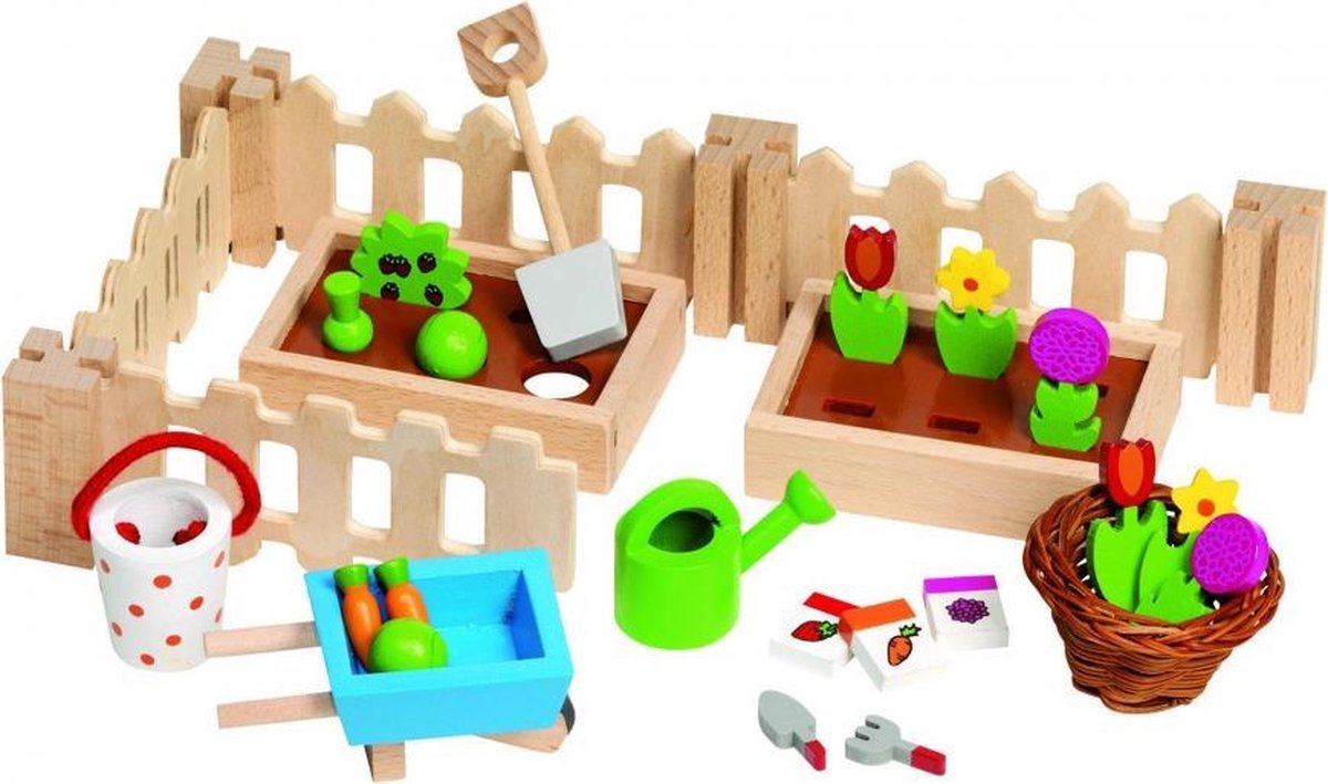 Goki Houten poppenhuis tuintje met accessoires