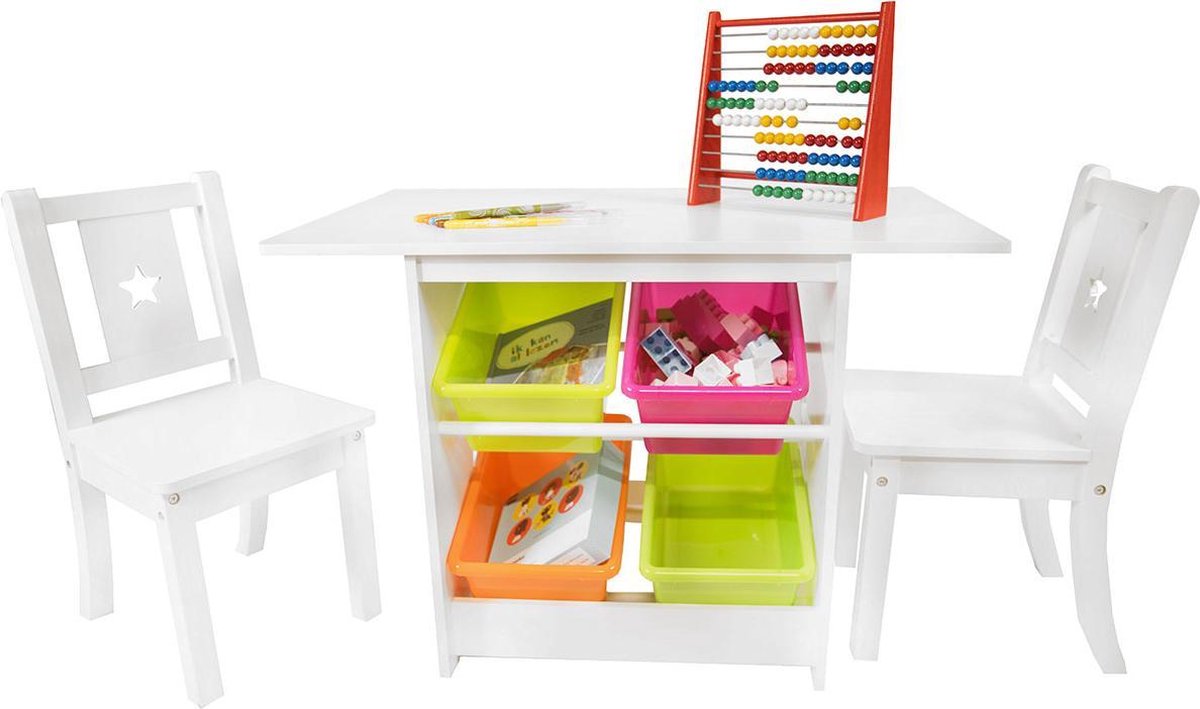 Zindoo kindertafel met stoeltjes - Hout – Set van 1 tafel en 2 stoelen voor kinderen – Speeltafel met veel opbergplek – Kleur- en knutseltafel voor kids - Kleurtafel - Knutseltafel - Speeltafel - Tekentafel - Kindertafel - Kinderstoelen - ZIN-KT-02