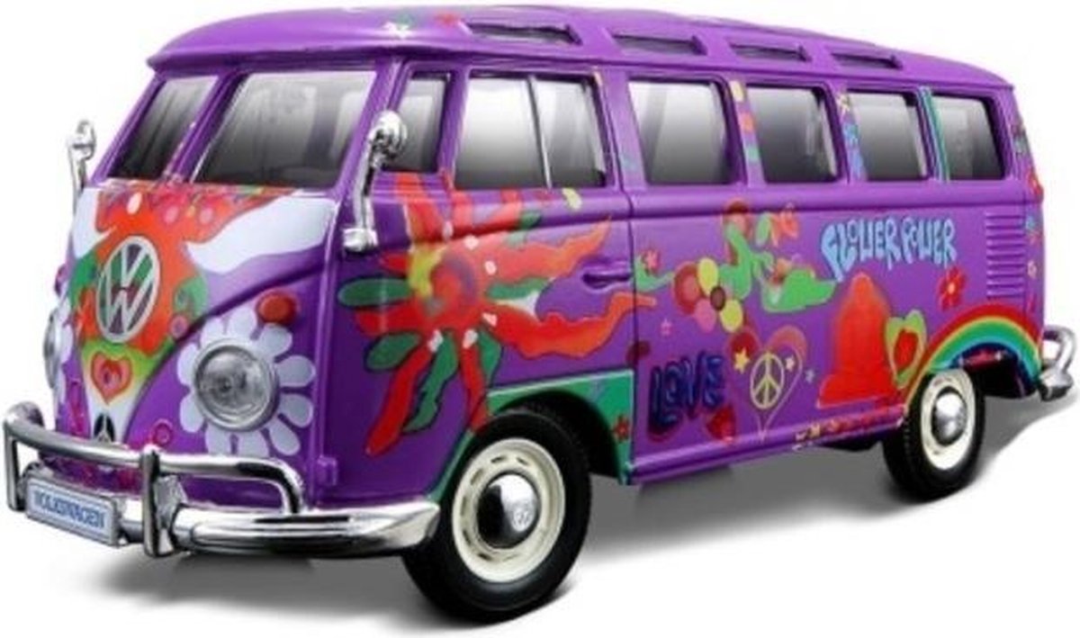 Volkswagen Van Samba Hippie Line (Paars) (15cm) 1/24 Maisto - Modelauto - Schaalmodel - Model auto - Miniatuurautos - Miniatuur auto