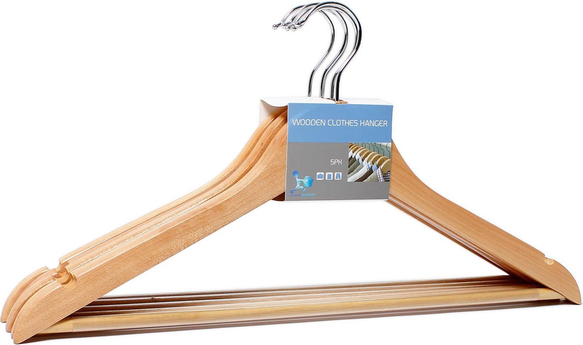LaundrySpecialist® HOUTEN KLEDINGHANGER set van 5 stuks – Premium kwaliteit kledinghangers van Esdoornhout – Met schouderinkepingen en antislip broekhouder – Afmeting 44