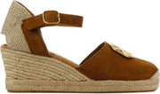 Unisa Vrouwen Suède Espadrilles / Damesschoenen Plateauzool Hoogte 6 - 6.5 cm Gesp sluiting -  Caspe sue - Cognac - maat 40