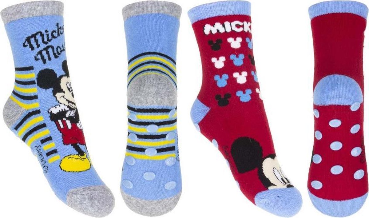 Disney Mickey Mouse Sokken | 2 Paar | Badstof | Maat 23-26 | Anti-slip | Dikke Sokken | Gezichtjes Rood en Blauw