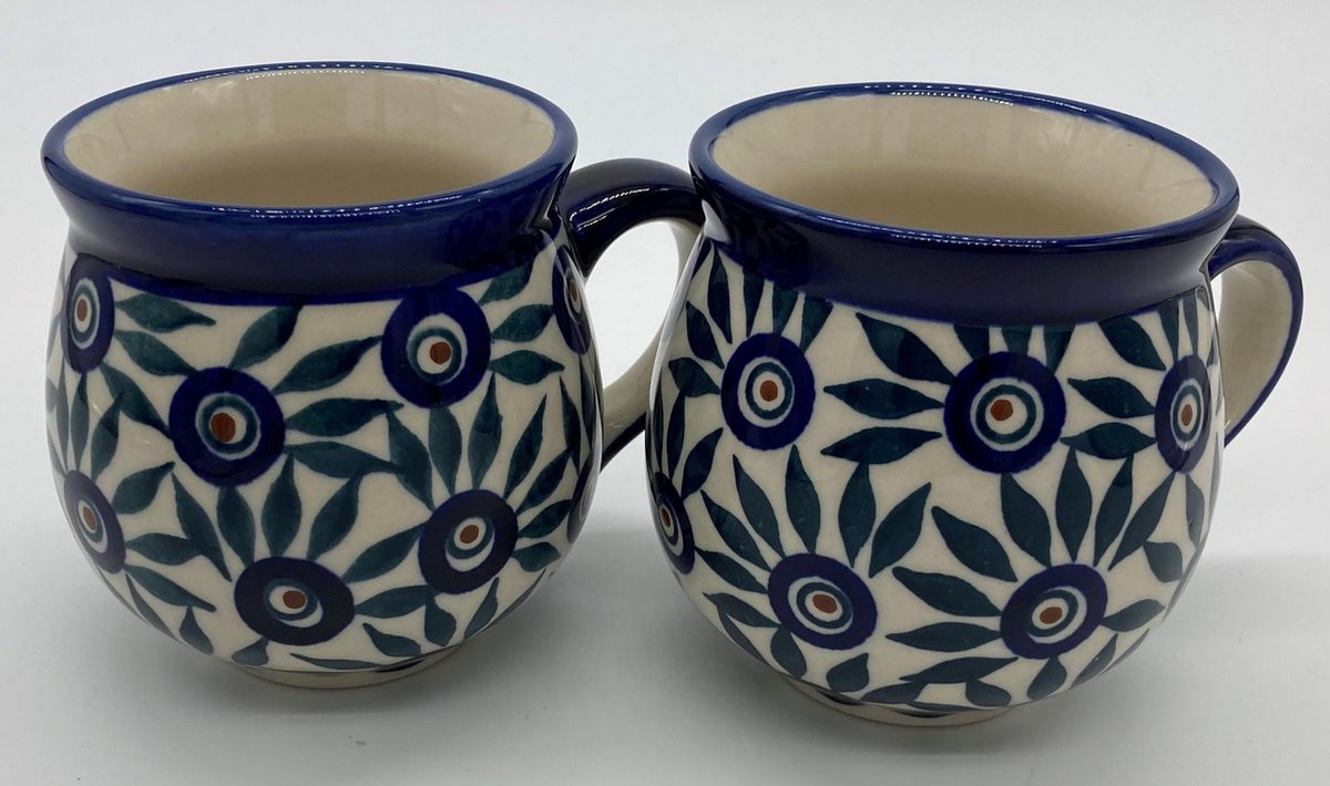 Bunzlau keramiek 2 x boerenbeker 300 ml groene bladen