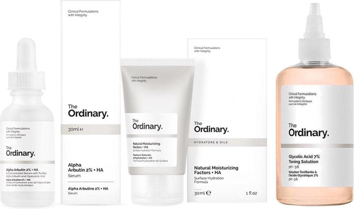 The ordinary trio set - The Ordinary Glycolic Acid 7% Toning Solution (240ml) - the ordinary alpha arbutin 2% - The Ordinary Moisturizing Factors + HA