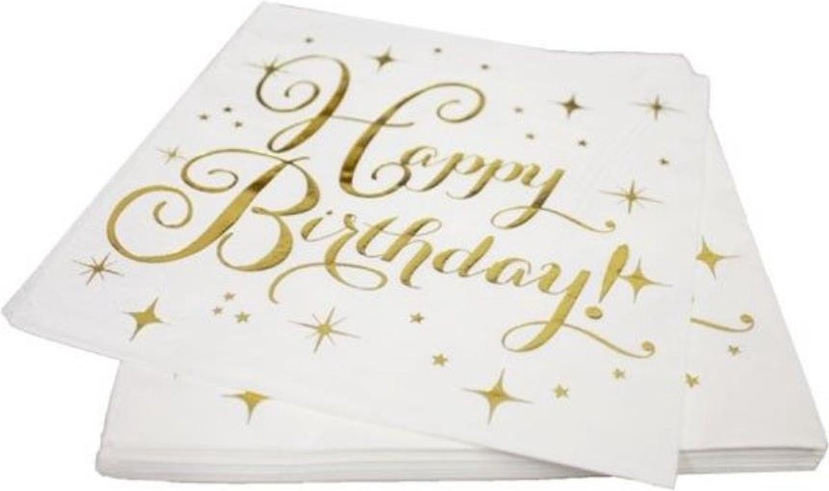 Servetten Happy Birthday Wit/Goud met sterren 20 stuks