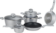 Herzberg: 10-Delige Gesmede Pannenset - Grijs - Gegoten Pannenset - Marmer Gecoate Pannen - Afneembare Handvaten - Braadpan - Koekenpan - Steelpan - Pannenset Inductie - Pan met Deksel - Bakpan