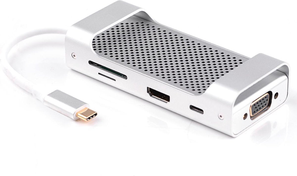NÖRDIC DOCK-125 USB-C Dockingstation naar HDMI 4K 30Hz - 1xVGA - 3xUSB 3.1 - USB-C - 1xSD / TF kaartlezer - Zilver