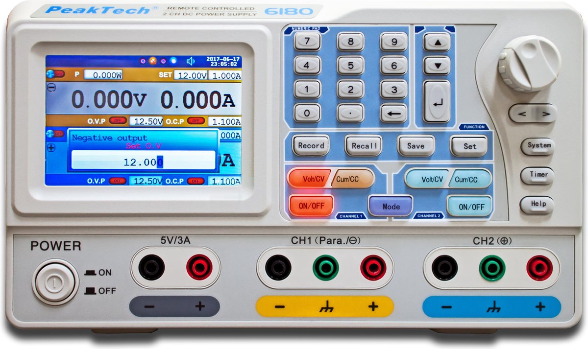 PeakTech 6180 Programmerbare DC-Voeding  2 x 0-30 V/2 x 0-3 A; 1 x 5 V @ 3 A fixed