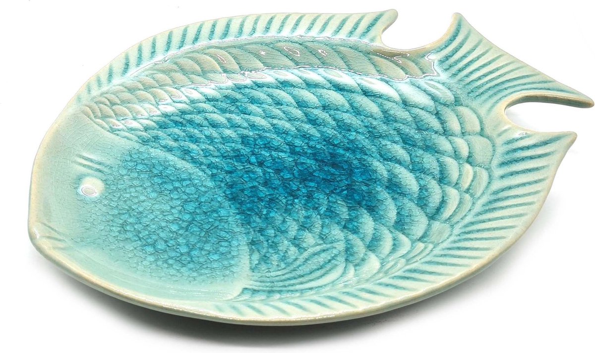 Vis Schaal - Visbord - Visschaal - Handgemaakt en geschilderd - Presenteerschaal Turquoise 27 cm