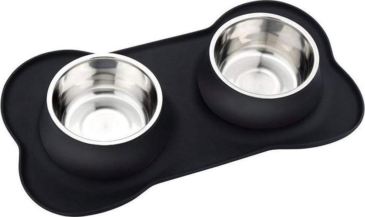 Dubbele Voerbak Hond RVS - Dinerset Drinkbak met Siliconen Placemat - Voederbak Kat - Zwart