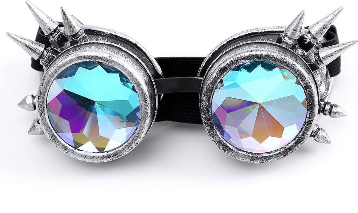 Caleidoscoop bril goggles Steampunk - oud zilver spikes - holografisch