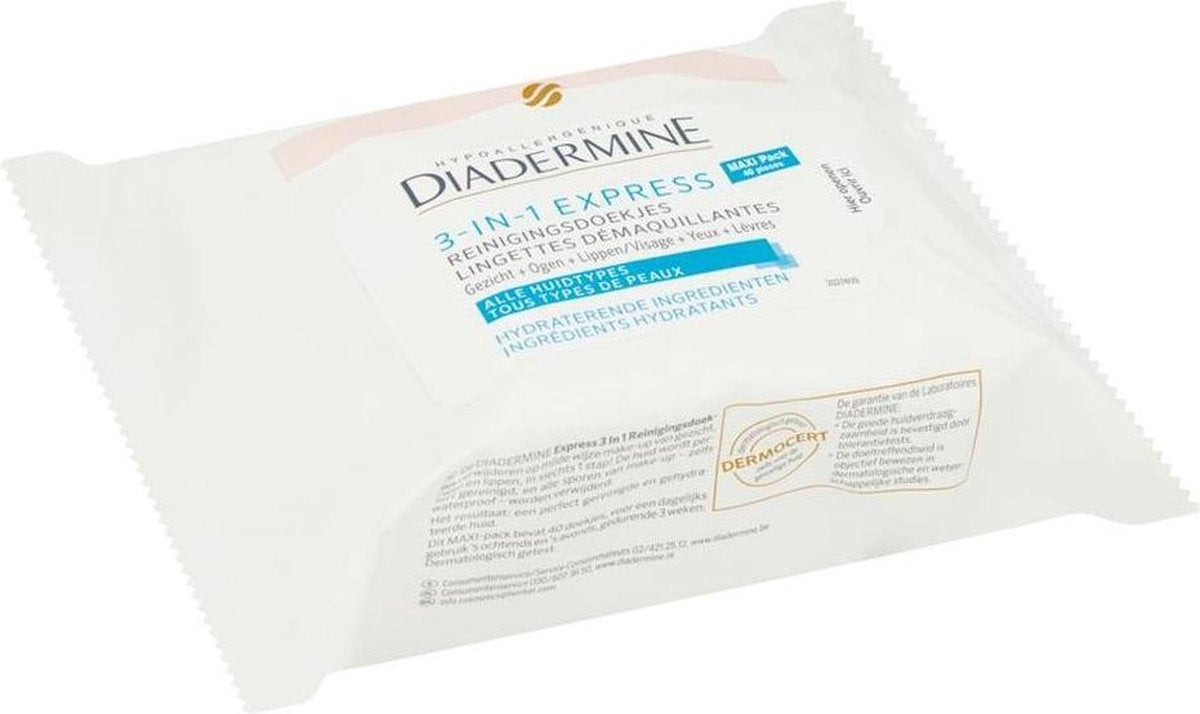 Diadermine reinigingsdoekjes 3-in-1 express - maxi pack - 40 doekjes