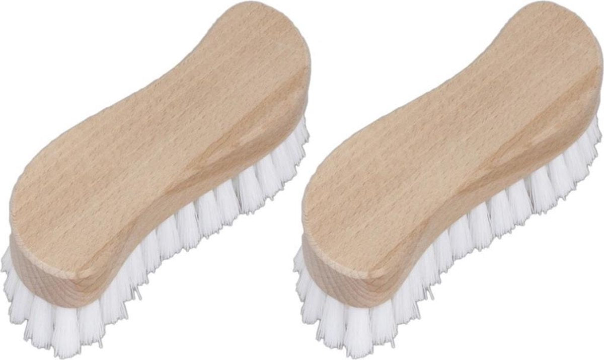 Set van 2x stuks schrobborstels van hout met s-vorm wit/naturel - Schoonmaakartikelen/schoonmaakborstels