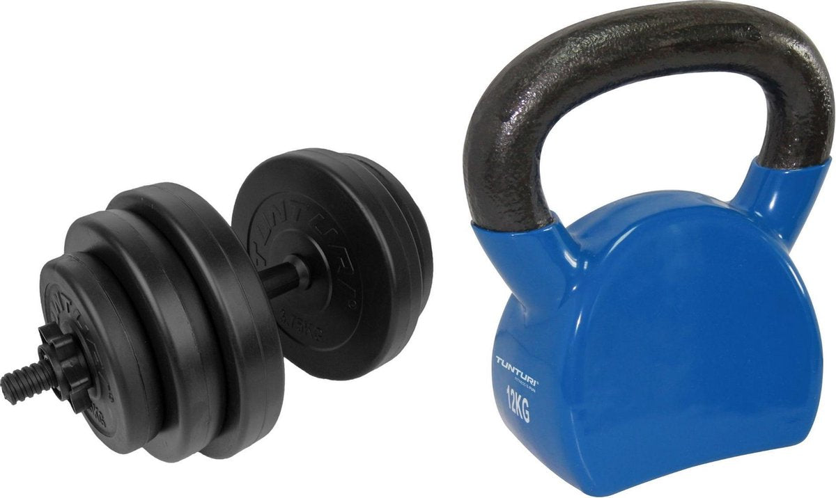 Tunturi - Fitness Set - Vinyl Halterset 15 kg - Kettlebell 12 kg