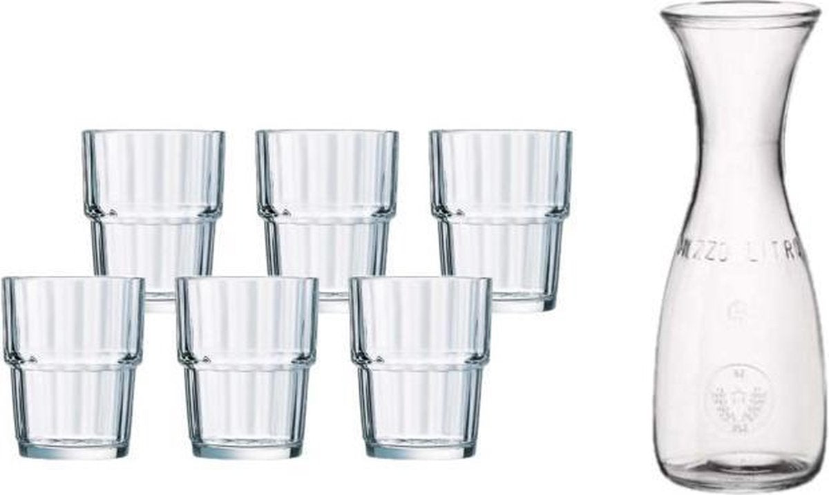 Glazen karaf van 0.5 liter met 6x stuks drinkglazen/waterglazen 200 ml