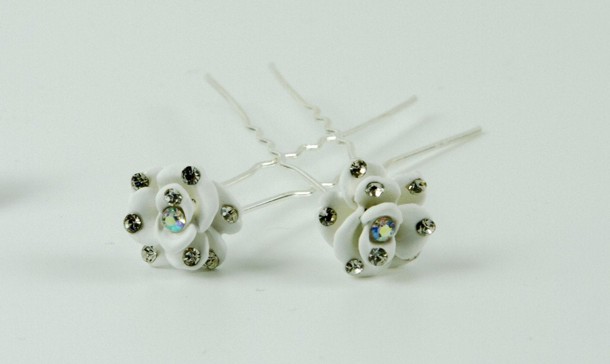 Haarpinnen witte bloem met strass