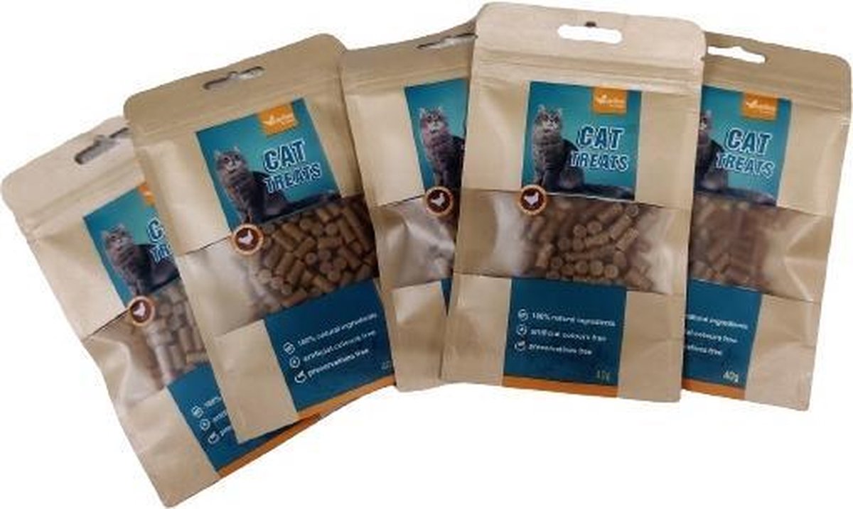 5 Zakjes kattensnoepjes van elk 40 gram. 100% natuurlijke ingrediënten. Géén kleurstoffen en géén conserveringsmiddelen