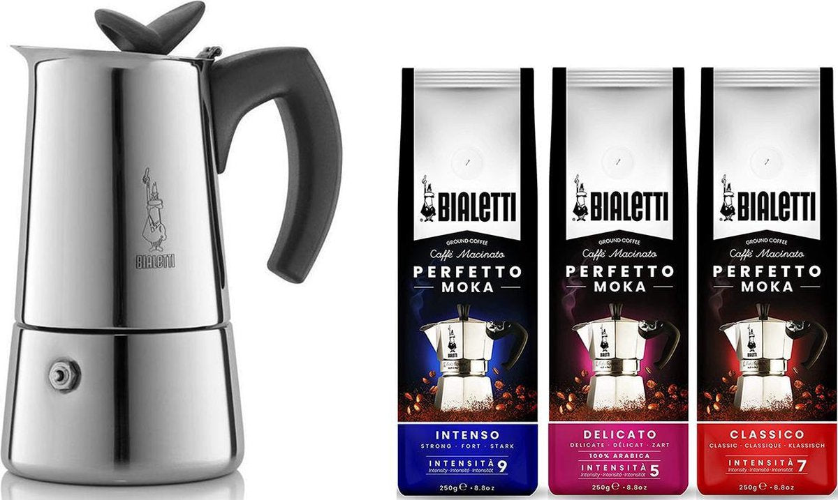 Bialetti Musa Percolator Inductie RVS 6 kops + Bialetti koffie proefpakket 3 x 250gr