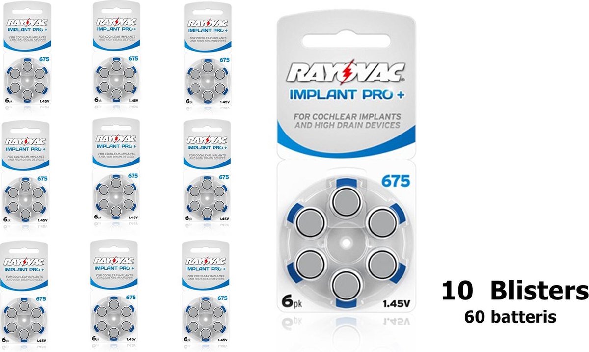 60 Stuks (10 Blisters a 6st) - Rayovac 675 IMPLANT PRO+ Gehoorapparaat batterijen