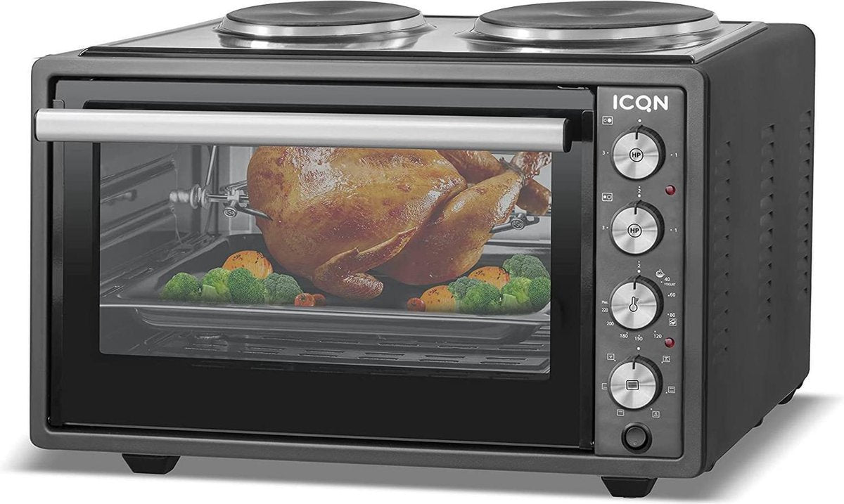 ICQN Vrijstaande Oven Met 2 Kookplaten - 42 Liter - Dubbel glas - Hetelucht - Geëmailleerde interieur - Rotisserie functie - Inclusief bakplaat set - Antraciet