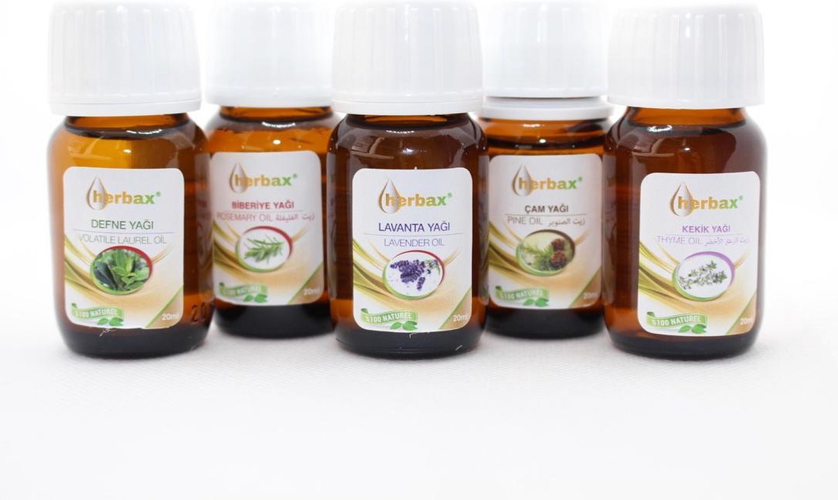 Herbax Etherische Oliën Set - 100 % Puur - Lavendel / Rozemarijn / Pijnboom / Tijm /  Laurier - 5 X 20 ml.