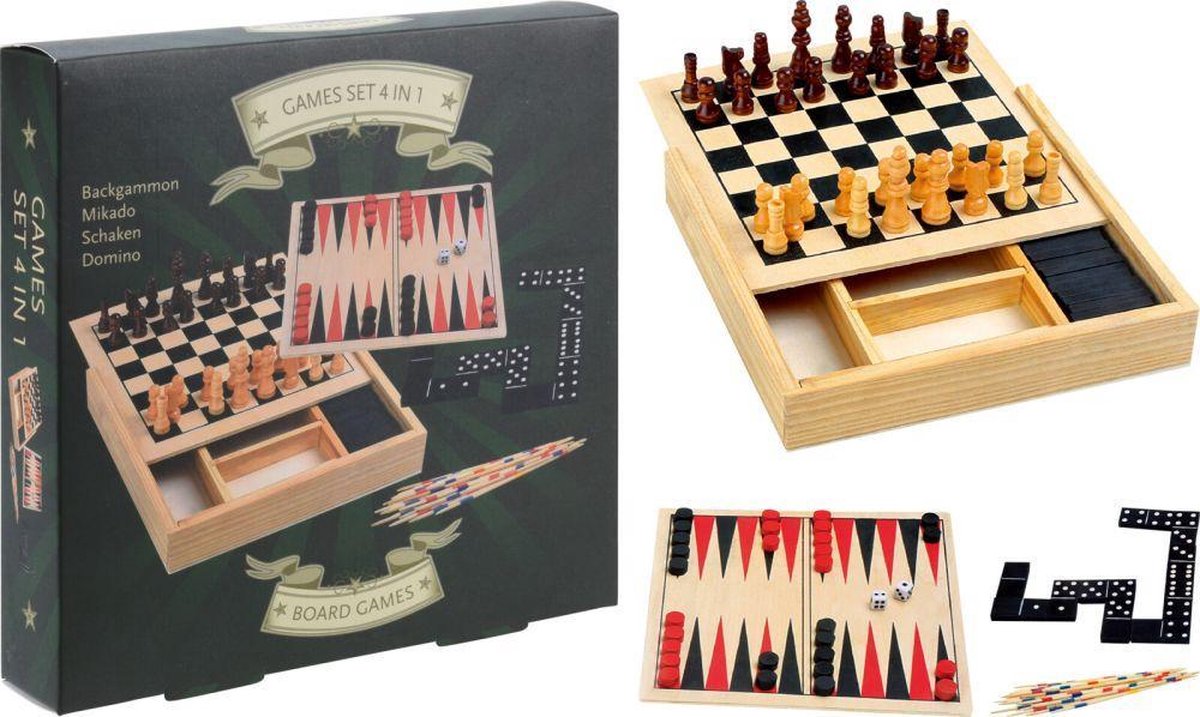 JAP 4 in 1 Spellendoos - Schaken - Domino - Mikado - Backgammon - Reisspellen - Spellenset - Bordspel
