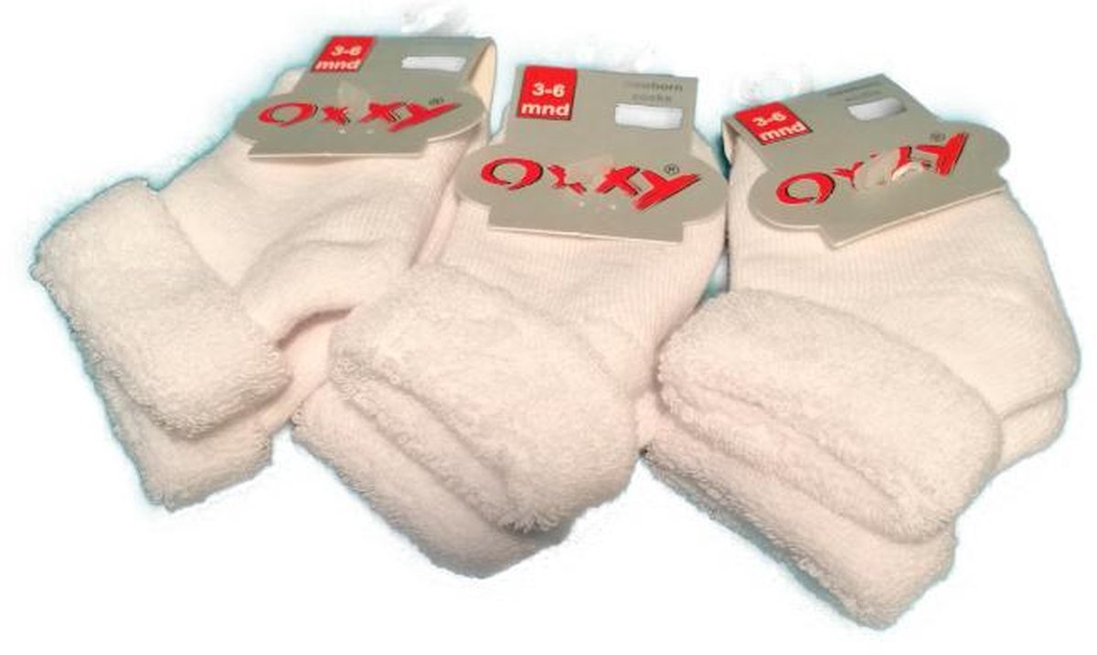 Baby Sokjes - Badstof - 3 -6  Mnd - Wit - Met omslag - Voordeelverpakking 3 Paar