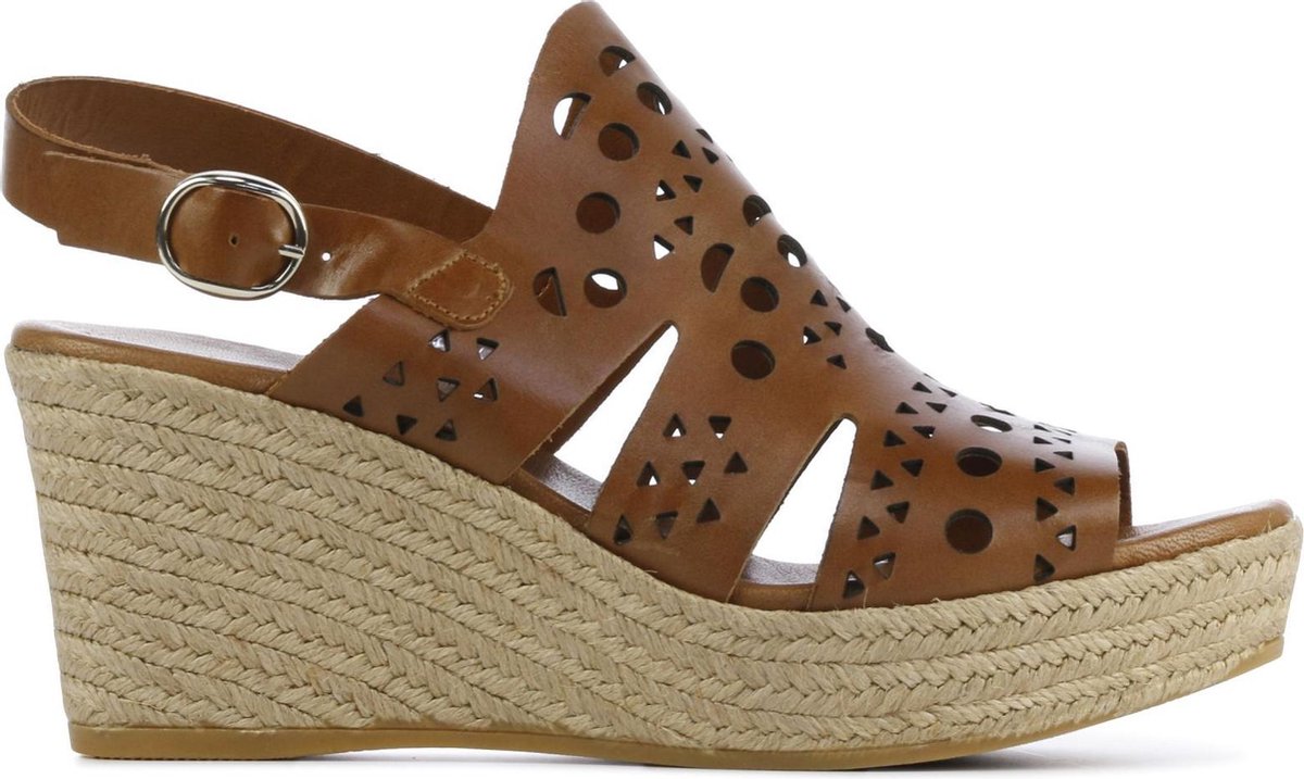 Mace Vrouwen Leer Espadrilles / Damesschoenen Sleehak - Gesp sluiting -  M1056 - Bruin - maat 39