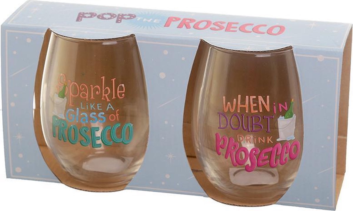 Set van 2 drinkglazen met tekst prosecco slogans. puckator
