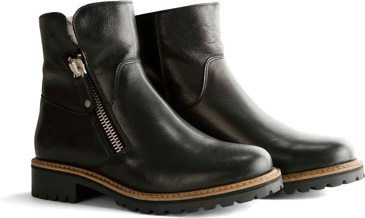 Travelin' Vartae - Stoere leren enkellaars - Dames - Wol gevoerd - Zwart Leer - Maat 36